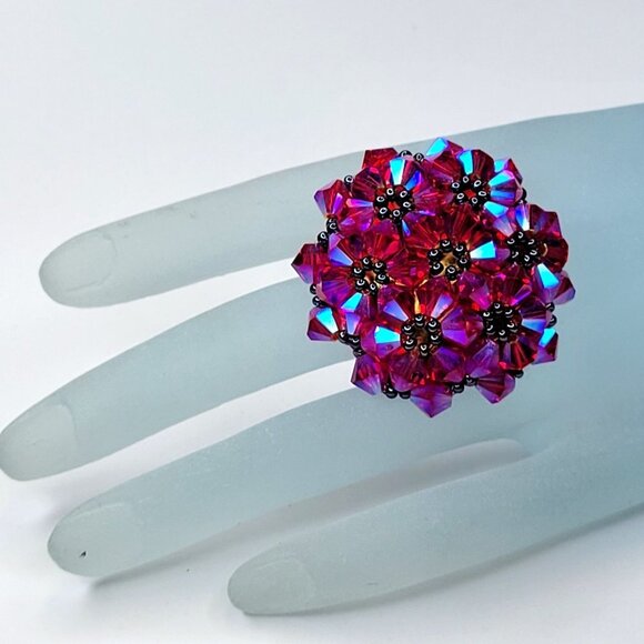 House of Moda Jewelry - Fuchsia Sparkling Crystal Ring Bicone Beads Cluster Ring Glitter Stretch Ring